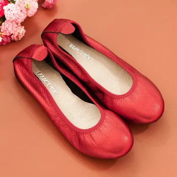 2020 Genine Din Piele Pantofi Singur Femeie Superficială Gura Rotund Toe Doamna Mocasini Primavara Toamna Femei Balerini Pantofi De Dimensiuni Mari 43