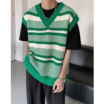 2022 Bărbați Stil Retro Tricot de Înaltă calitate Bandă de Imprimare Paltoane V-Gât Pulover de Lână Vesta Verde/negru/maro fără Mâneci Pulover