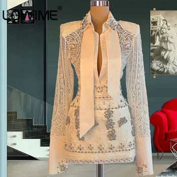2022 Haute Couture Set De Doua Bucati De Femei Costume De Lux Sparke Cristale Mâneci Lungi Scurt Sirena La Bal Rochii Mini, Rochii De Petrecere