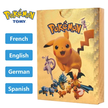 55PCS Carduri Pokemon Metal Moale engleză franceză germană spaniolă Pikachu Aur, Argint Negru Alfabet Jocuri de cărți de Colectie Jucarii