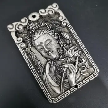 Argint Tibetan Relief Guanyin Amuleta Pandantiv Feng Shui Norocos Pandantiv
