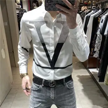 Bărbați lungă cu mâneci lungi tricou de moda slim versiunea coreeană de personalitate literă diamant de imprimare single-breasted rever sus