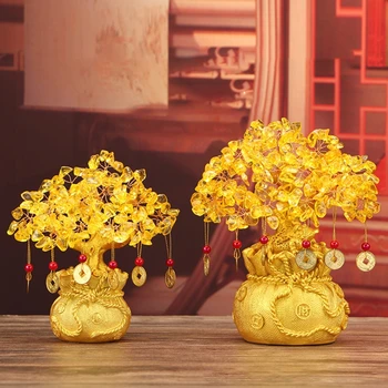 Cristal galben Creative Citrin Noroc Copac Feng Shui Chinez Copac Bani Avere Copac pentru Desktop Ornament Acasă Decoruri
