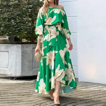 Elegante Rochii pentru Femei 2022 Vara Noi Casual imprimeu Floral Inclinat Umăr Lantern Maneca Rochie Talie Mare