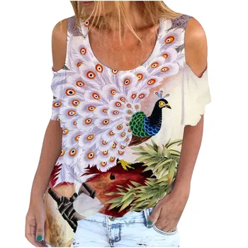 Femei Umăr Rece Topuri De Vara Cu Maneci Scurte Fluture Tricouri Tricou Femme Întinde Casual Crewneck T-Shirt Pulover