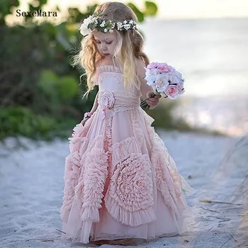 Floare Roz Fete Rochii Pentru Nunta Aplicatiile De Dantela Volane Copii Uzura Formale Fără Mâneci Plajă Lungă De Fete Rochie Concurs