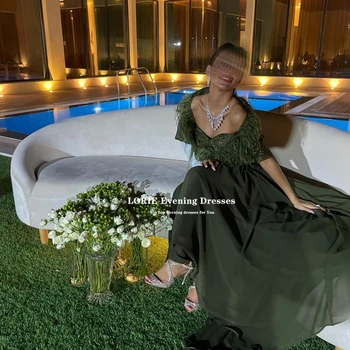 LORIE Verde Șifon a-Line Rochii de Bal Sweetheart Jumătate Mâneci Lungi Arabia Saudită Rochii de Partid Pene Vestidos De Noche
