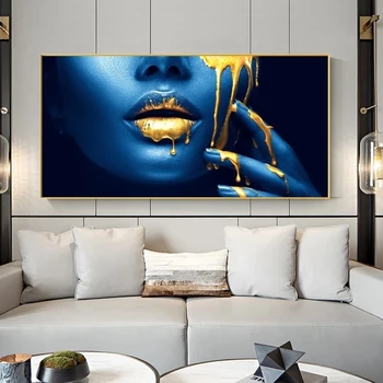 Mare Negru de Dimensiuni Fata de sex Feminin cu Aur Lichid Panza Poster de Arta de Perete Moderne Imagine Living Home Decor Fara rama