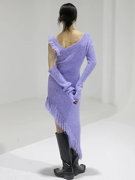[MEM] Femei Violet Neregulate Ciucuri de Tricotat Rochie Nouă Guler Asimetric cu Maneci Lungi Mareea Moda Primavara Toamna anului 2023 1DF3015