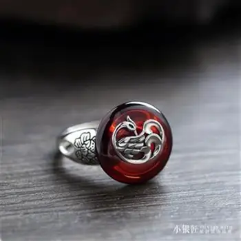 Natural roșu translucid granat phoenix floare de deschidere inel reglabil Chineză farmec retro femei bijuterii de argint