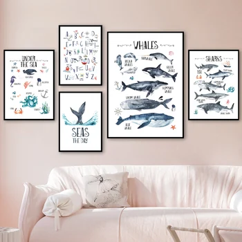 Panza Pictura Acuarela Nordic Rechin Balena Alfabetul Postere si Printuri Nautice Arta de Perete Imagini pentru Copil de Cameră Decor de Perete