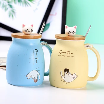 Pisica drăguț Cana de Cafea Creative Cana Ceramica Cu Capac din Oțel Inoxidabil Lingura de Desene animate Lapte Cani de Cafea rezistent la Căldură Cani Cuplu Cadou
