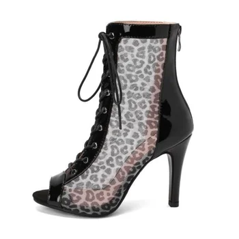 Pop Leopard Print Mesh Spate Cu Fermoar Cizme Rece Dans Tocuri Inalte Pantofi Stiletto Pantofi De Dans Jazz