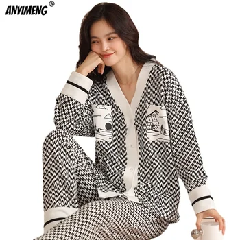 Primavara Toamna Pijamale pentru Femei de Moda V Gât Houndstooth coreean Pijamas de Desene animate de Imprimare de Moda Sleepwear Acasă se Potrivește Bumbac