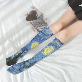Tendință De Moda Pictură În Ulei De Imprimare Harajuku Genunchi Șosete De Vară A Crescut De Vițel Mic Ciorapi De Epocă Sălbatică Mare Tub Dulce Ciorapi Femei