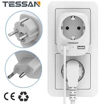 TESSAN UE Multi Plug Adaptor de Călătorie cu 1 Priza 2 Porturi USB Portabil 3 In 1 Încărcător de Perete prelungitor cu Protectie la Suprasarcina
