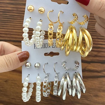 Trendy Culoare de Aur de Argint de Culoare Cerc de Metal Cercei Set pentru Femei Fete Geometrice Mare Rotund Elegant Pearl Cercel Bijuterii