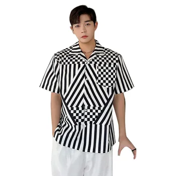 Vara Carouri Îmbinare Stripe Camasa Barbati Maneca Scurta Nișă Liber Casual Moda Vintage Tricou Net Celebritate De Sex Masculin Coreean Tricou Chic