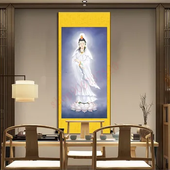 Avalokitesvara în alb, salva pe cei în suferință, Bodhisattva Guanyin, cult pictura, mătase scroll agățat pictura