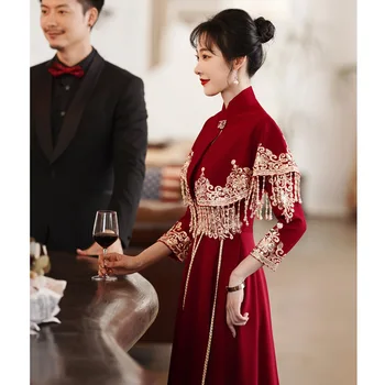 Chineză Stil De Vin Roșu Cheongsam Femeie Chineză Tradițională Qipao Doamnă Rochie Mireasa Costum De Seara, Rochii De Petrecere
