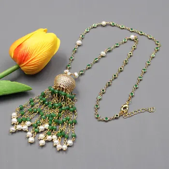 GG Bijuterii Natural White Pearl de Culoare de Aur Placat cu Cristal Verde Macarsite CZ Lanț Colier Pentru Femei Lady Bijuterii Cadou
