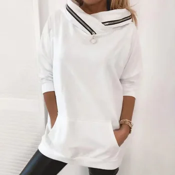 Moda Fermoar Design Guler Tricou Hanorac Casual, De Buzunar Solide În Vrac Bluza Femei Cu Maneci Lungi Drepte Topuri Pulover