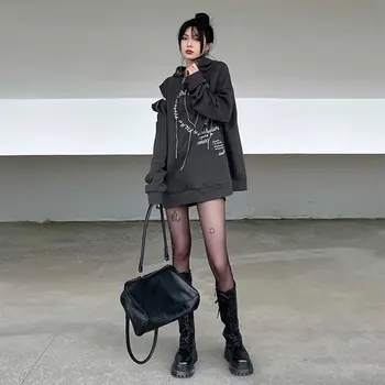 QWEEK Gotic Harajuku Supradimensionate Hoodies Femei Streetwear Scrisoare de Imprimare Tricou Negru Mall Goth Topuri Kpop Haine 2022 Lanț