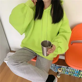 Toamna Iarna Femei Supradimensionat Fleece Gros Hanorace Neon Verde Vrac Maneca Lunga Coreean Sweatershirts Doamna Stradă Casual, Pulovere